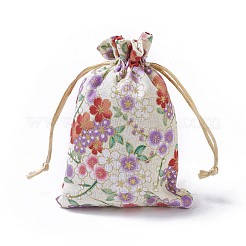 黄麻布製梱包袋ポーチ  巾着袋  花模様の長方形  小麦  14.2~14.7x10~10.3cm&nbsp;LS-ABAG-I001-10x14-07A