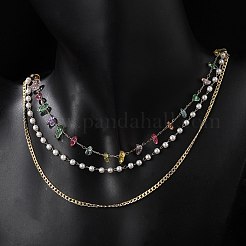 304 Stainless Steel & Colorful Natural Stone Chip & Imitation Pearl 3 Layer Necklaces for Women&nbsp;NJEW-Z061-07G