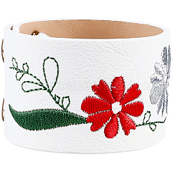 刺繍の花柄イミテーションレザーコードブレスレット  スナップブレスレット  鉄ボタン付き  ホワイト  8-1/2x1-5/8x1/4インチ（21.5x4.1x0.55cm）&nbsp;BJEW-WH20007-08A