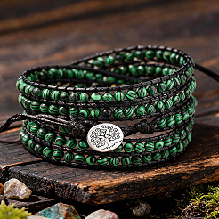 Adjustable Alloy Tree of Life Synthetic Malachite Round Beaded Wrap Bracelets for Women&nbsp;WGFA9D3-01