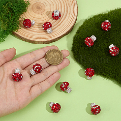 手作りポリマー粘土ラインストーンビーズ12個  キノコ  レッド  18x15mm  穴：1.8mm&nbsp;CLAY-OC0001-06