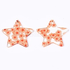 無色透明セルロースアセテート（樹脂）ペンダント  印刷  花とスター  花柄  37x39x2.5mm  穴：1.4mm&nbsp;LS-KY-T040-64D