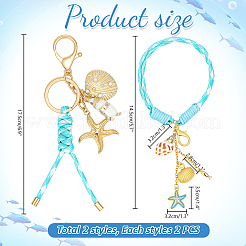 ヒトデポリエステルペンダントデコレーション＆キーホルダー2個  シェル＆合金リングと合金ロブスタークロウ留め金付き  ゴールドカラー  淡いターコイズ  69~74mm&nbsp;HJEW-AR00038