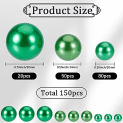 150個 3種類のプラスチック模造真珠ビーズ  ドリルなし/穴なしビーズ  ラウンド  濃い緑  10~20mm&nbsp;OACR-SP0001-69