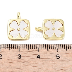 真鍮パヴェ天然シェルスクエアペンダント  花のチャーム  18KGP本金メッキ  15.5x12x2mm  穴：3x1.5mm&nbsp;KK-C051-22G