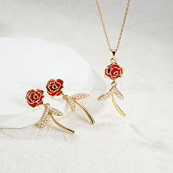 プラスチック製のバラの花のジュエリーセット  合金ダングルスタッドイヤリングとペンダントネックレス  ゴールドカラー  ネックレス：450ミリメートル  ピアス：40x17mm&nbsp;ZU1827