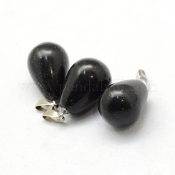 ティアドロップナチュラルブラックストーンペンダント  プラチナトーンの真鍮パーツ  21~24x12~14mm  穴：4x7mm&nbsp;G-Q435-21