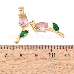 真鍮製マイクロパヴェキュービックジルコニアペンダント  ガラスと  花のチャーム  ニッケルフリー  18KGP本金メッキ  パールピンク  22.5x19x4.5mm  穴：4.5x3.5mm&nbsp;KK-A284-13G-02