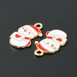 クリスマス合金エナメルペンダント  ゴールドカラー  雪だるまチャーム  ホワイト  21x12x1mm  穴：1.8mm&nbsp;ENAM-D047-07G-03