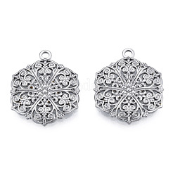 変色しない201ステンレススチールペンダント  花と六角形  ステンレス鋼色  28.5x23x2.5mm  穴：2mm&nbsp;X-STAS-N098-206P