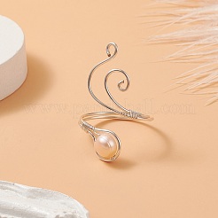 Copper Wire Wrapped Natural Freshwater Pearl Cuff Rings for Women&nbsp;RJEW-JR00553-02
