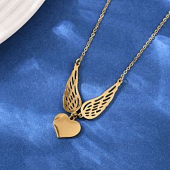 304ステンレススチール製ハートと天使の羽のペンダントネックレス（女性用）  イオンプレーティング（ip）  18KGP本金メッキ  18.39インチ（46.7cm）&nbsp;NJEW-G176-03G