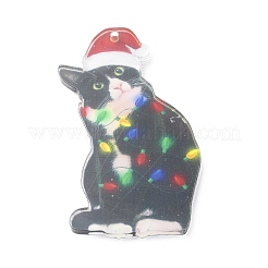 クリスマス猫の形のアクリルペンダント装飾  ナイロンロープと鉄のベル付き  車のバックミラー吊り飾り用  帽子  79x42x4mm  穴：2.5mm&nbsp;HJEW-E007-01G-07