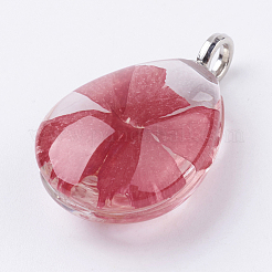 ガラス乾燥花ペンダント  真鍮パーツ  オーバル  プラチナ  レッド  30x18x11mm  穴：3.5mm&nbsp;GLAA-K018-B