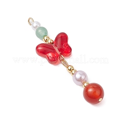 天然カーネリアンとガラスのペンダント  蝶  金色の真鍮トーンループ付き  レッド  47x14.5x8mm  穴：1.6mm&nbsp;PALLOY-JF03192-08