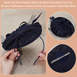 メッシュベールヘアバンド  女性用布製＆羽毛製ファシネーターハット ハロウィンコスチューム パーティーアクセサリー  ダークスレートブルー  240x150x26mm  145x120x5mm&nbsp;OHAR-WH0011-63C