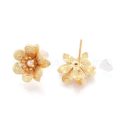 真鍮 ABS イミテーションパール スタッド イヤリング  花  ニッケルフリー  18KGP本金メッキ  15x15mm&nbsp;EJEW-T048-02G