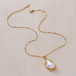 Vintage 304 Stainless Steel & Imitaiton Irregular Pearl Pendant Necklaces for Women&nbsp;LS-UB6404