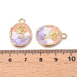 メッキ合金エナメルチャームラック  カドミウムフリー＆ニッケルフリー＆鉛フリー  ライトゴールド  フラワーチャーム付きオーバル  桃パフ  21x15.5x3mm  穴：1.8~2mm&nbsp;ENAM-N056-409B