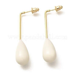 真鍮ティアドロップダングルスタッドピアス  女性用エナメル入り  ゴールドカラー  ホワイト  45x11mm&nbsp;LS-EJEW-A121-19A-01