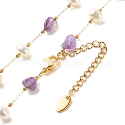 Natural Amethyst & Pearl Beaded Necklace&nbsp;NJEW-JN03894-03
