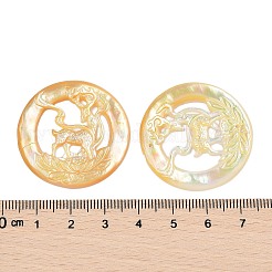 天然の黄色い貝殻の彫刻ペンダント  フラットラウンド、鹿のチャーム付き  33.5x2mm  穴：1mm&nbsp;SSHEL-I026-13