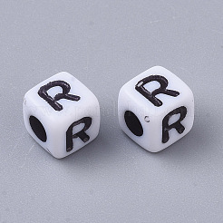 白い不透明なアクリルビーズ  水平穴  黒いアルファベットのキューブ  文字.r  4~5x4~5x4~5mm  穴：1.8mm  約600~650個/50g&nbsp;X-MACR-R869-02R