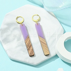 ツートンカラーの樹脂とクルミ材の長方形ダングルフレンチフックピアス  ゴールド 304 ステンレス ロング ドロップ イヤリング  プラム  68x12mm&nbsp;EJEW-JE05503-04