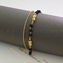 Vintage Beach Brass Round & Black Glass Rondelle Link Chain Double Layer Anklets for Women&nbsp;TO0841