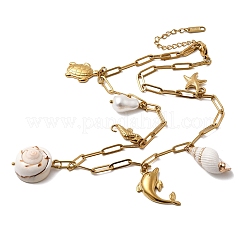 304ステンレススチール製イルカタツノオトシゴ＆アクリルパール＆天然シェルペンダントビブネックレス（女性用）  イオンプレーティング（ip）  カドミウムフリー＆ニッケルフリー＆鉛フリー  18KGP本金メッキ  17.09インチ（43.4cm）&nbsp;NJEW-G181-03G