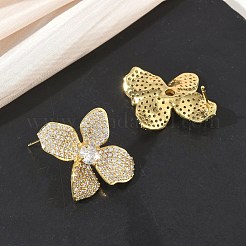 四つ葉の真鍮とクリアキュービックジルコニアのスタッドピアス  女性用花柄イヤリング  18KGP本金メッキ  26.5x23.5mm&nbsp;KK-CBA36A2-08G
