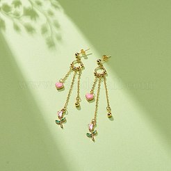 エナメル ハート ＆ ローズ ダングル スタッド ピアス  バレンタインデーのための金メッキ合金ロングタッセルドロップイヤリング  ピンク  80mm  ピン：0.8mm&nbsp;EJEW-JE05041-03