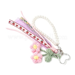 毛糸の花とポリエステルのリボンとプラスチックのパールビーズのペンダント飾り  プラチナ  ピンク  240mm&nbsp;HJEW-JM04331-03