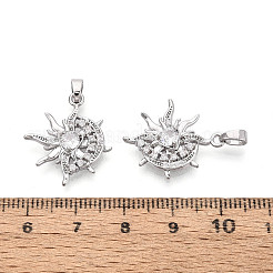 真鍮マイクロパヴェクリアキュービックジルコニアペンダント  月のチャームを持つ太陽  プラチナ  22x19x3.5mm  穴：4.5x2mm&nbsp;KK-N259-08P
