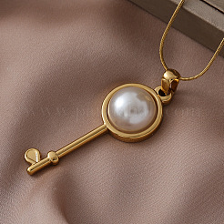 304 Stainless Steel with White Imitation Pearl Key Pendant Necklaces for Women&nbsp;OM7731