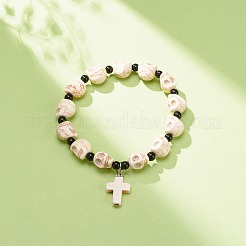 Natural Mashan Jade Skull Beaded Stretch Bracelet with Synthetic Turquoise(Dyed) Cross Charm&nbsp;BJEW-JB08378-01