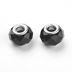 手作りガラスヨーロピアンビーズ  大穴ビーズ  シルバーカラー真鍮コア  ブラック  14x8mm  穴：5mm&nbsp;X-GPDL25Y-C27