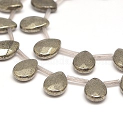 ティアドロップ天然黄鉄鉱ビーズ連売り  トップドリルビーズ  多面カット  14x10x6mm  穴：1mm  約26個/連  15.7インチ&nbsp;G-I125-67A