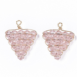 ガラスチャーム  ワイヤーラップペンダント  18KGP本金メッキ真鍮線  ニッケルフリー  ブドウ  ピンク  21x16x3.5mm  穴：2mm&nbsp;KK-S354-002A-NF