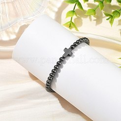 Synthetic Non-magnetic Hematite Round and Religion Cross Beaded Stretch Bracelets for Men&nbsp;BJEW-JB14406-02