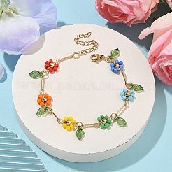 ガラスシード＆アクリル＆真鍮ビーズブレスレット  花  カラフル  7-3/8インチ（18.6cm）&nbsp;BJEW-TA00548