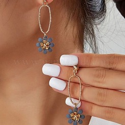 Oval with Flower Brass Dangle Stud Earrings&nbsp;FS-WG46825-02