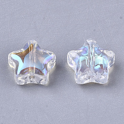 透明ガラスビーズ  ABカラーメッキ  スター  クリアAB  8x8x4mm  穴：0.8~1mm&nbsp;X-GLAA-N035-01-B01