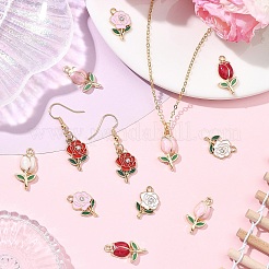 30個6スタイルアロイエナメルペンダント  花のチャーム  ラインストーン付き  カドミウムフリー＆ニッケルフリー＆鉛フリー  ミックスカラー  18~22.5x11.5x2~3.5mm  穴：1.6mm  5個/スタイル&nbsp;ENAM-YW0008-83