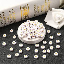 メッキアクリルビーズ  ライン入り  ハート付きフラットラウンド  ホワイト  6.5~7x3.7mm  穴：1.8mm&nbsp;PACR-YW0001-13