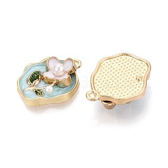 合金エナメルチャーム  ABSの模造パールと  花とオーバル  ラックめっき  長持ちメッキ  鉛フリー＆カドミウムフリー＆ニッケルフリー  ゴールドカラー  ライトシアン  23.5x19.5x7mm  穴：1.8mm&nbsp;ENAM-K076-11A-G