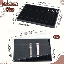 10 グリッド長方形 Pu レザー時計ストラップネックレスブレスレットディスプレイトレイ  長方形の透明なPVCプラスチック蓋付き  ブラック  トレイ：260x400x25mm  1個;蓋: 402x262x18mm  1 PC&nbsp;ODIS-NB0001-38B