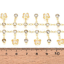 真鍮ガラスの蝶のチャームリンクチェーン  ハンダ付け  スプールで  ゴールドカラー  透明  9x6.5~7x3mm  約32.81フィート（10m）/ロール&nbsp;CHC-T018-12B-G