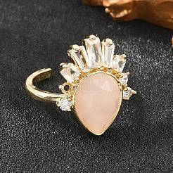 真鍮と天然ローズクォーツの指輪  ティアドロップ  キュービックジルコニア指輪  ゴールドカラー  usサイズ7 1/4(17.5mm)&nbsp;GG-CBACC2B-07G-08