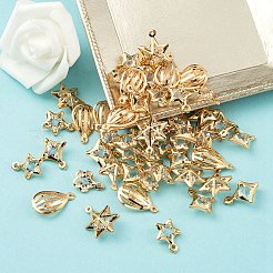 50 個 5 スタイルラックメッキアイアンチャーム  クリスタルラインストーン付き  星とひし形と涙と花  カドミウムフリー＆ニッケルフリー＆鉛フリー  ライトゴールド  13~19x9.5~14x5~7.5mm  穴：1~1.6mm  10個/スタイル&nbsp;FIND-YW0003-87
